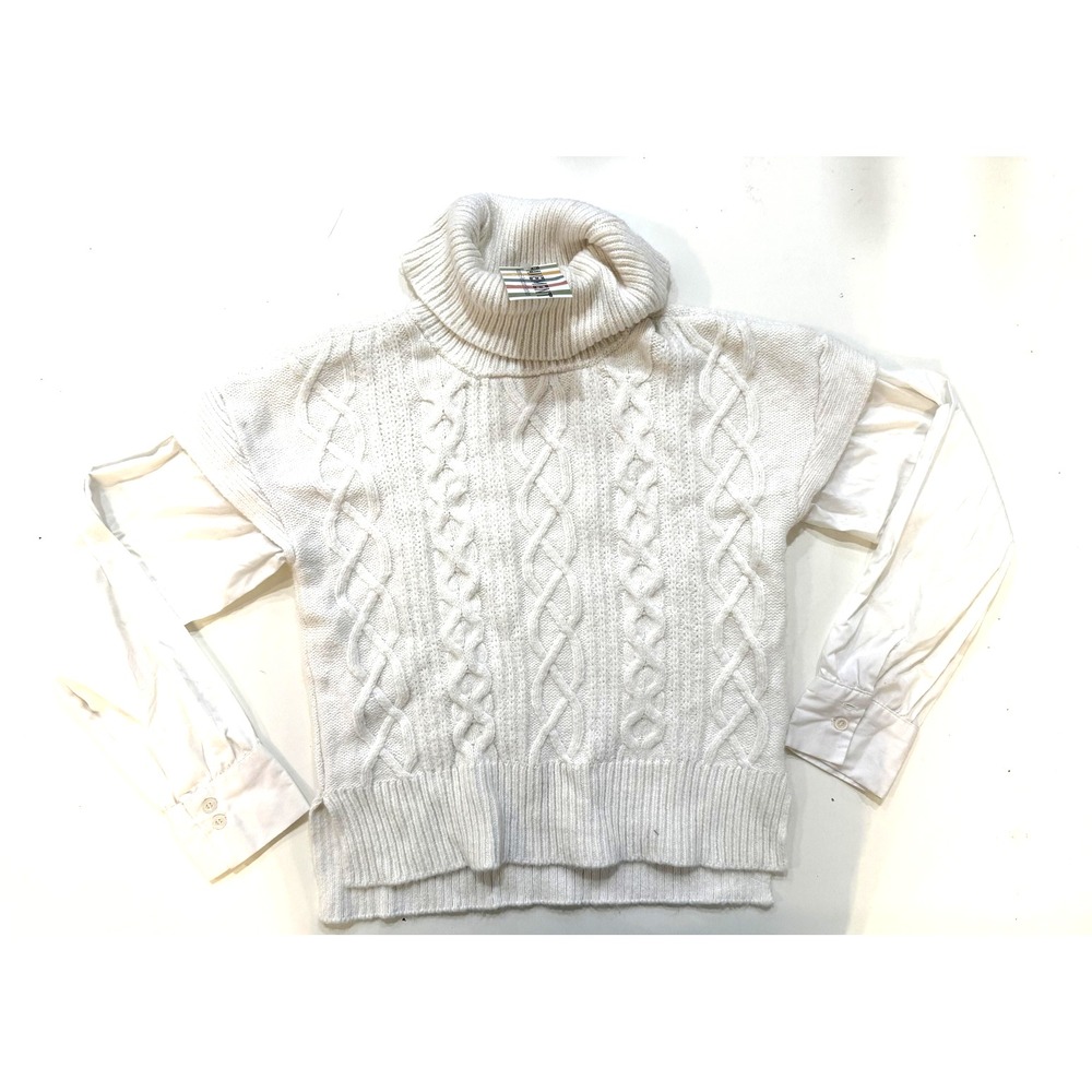 Anthropologie Sweater Womens Ivory Cable Knit Turtleneck Layered Shirt Cuffs NWT